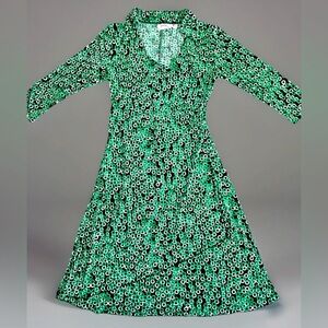 Jody California VTG Stretch Wrap Dress Black/Green/White Circles S